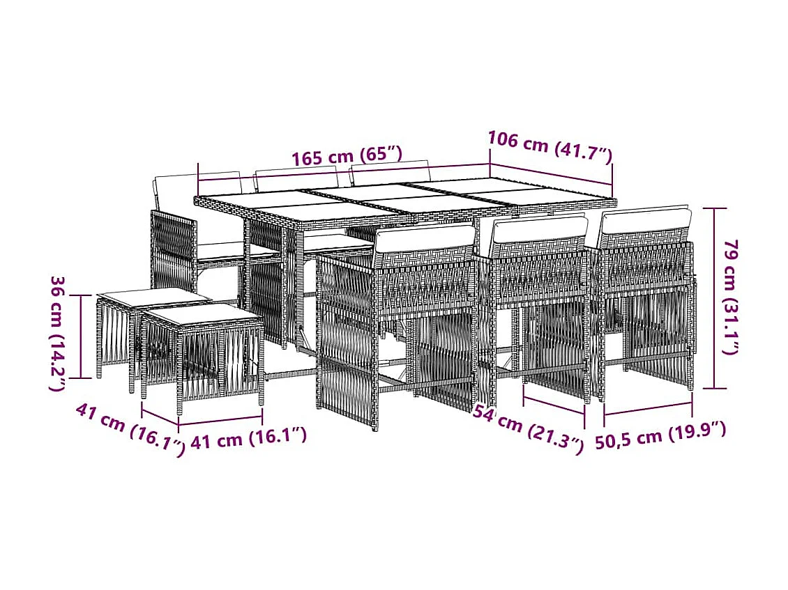Set de comedor jardín 11 piezas con cojines ratán sintético negro