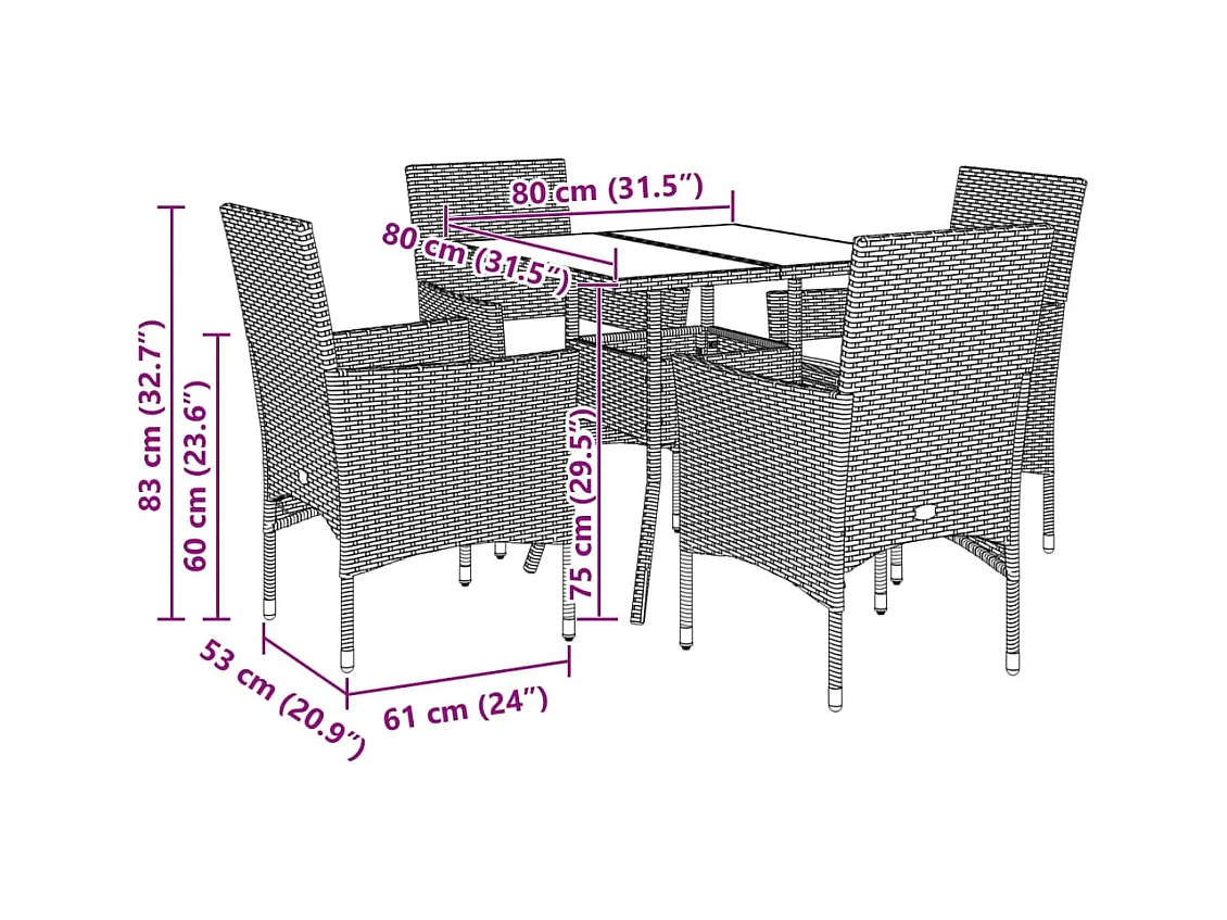 5 peças conjunto jantar jardim com almofadões vime PE/acácia cinza