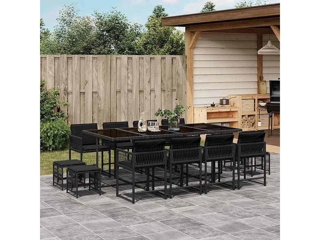 13-delige Tuinset met kussens poly rattan zwart