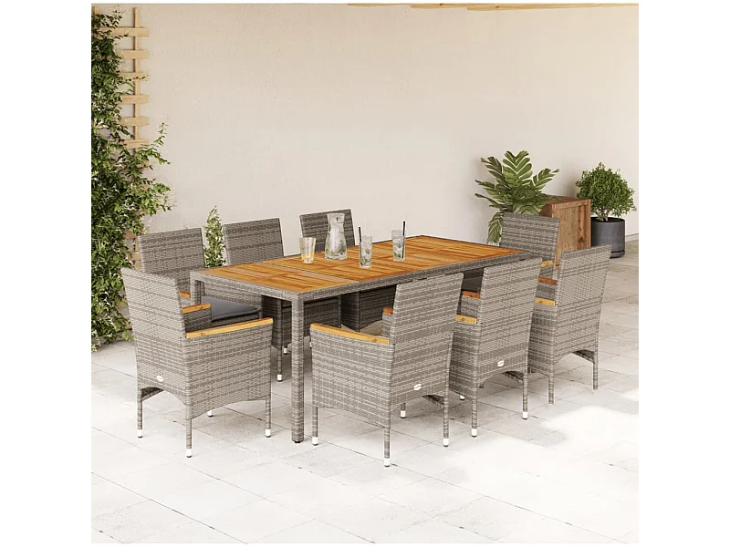 9 peças conjunto jantar jardim com almofadões vime PE/acácia cinza