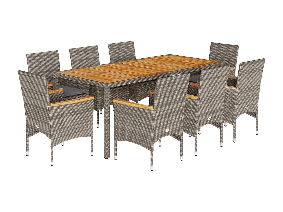 Ensemble à manger de jardin et coussins 9 pièces gris rotin acacia