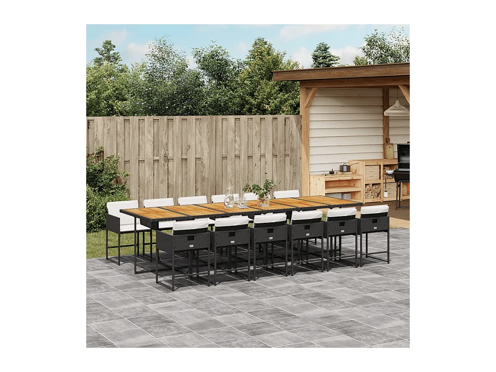 Set comedor de jardín con cojines 13 piezas ratán sintético negro