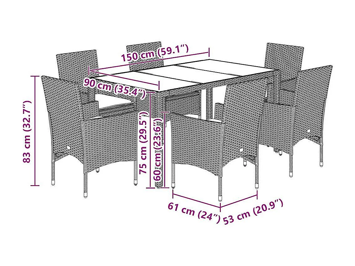 Ensemble à manger de jardin avec coussins 7 pièces rotin et verre