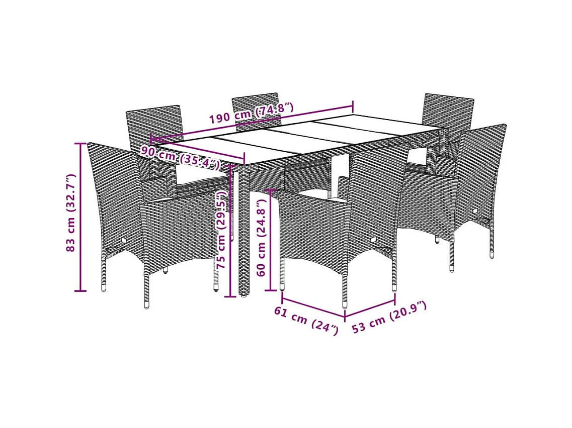Ensemble à manger de jardin et coussins 7 pièces noir rotin acacia