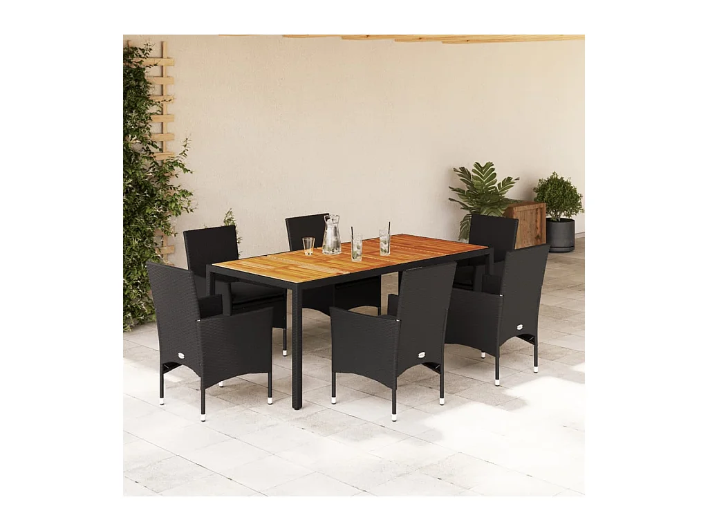Ensemble à manger de jardin et coussins 7 pièces noir rotin acacia