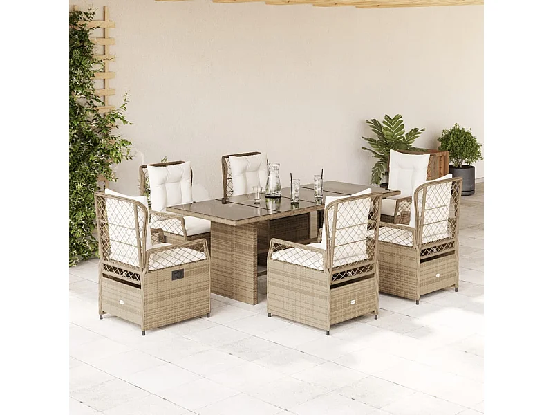 Ensemble à manger de jardin et coussins 7 pièces beige poly rotin