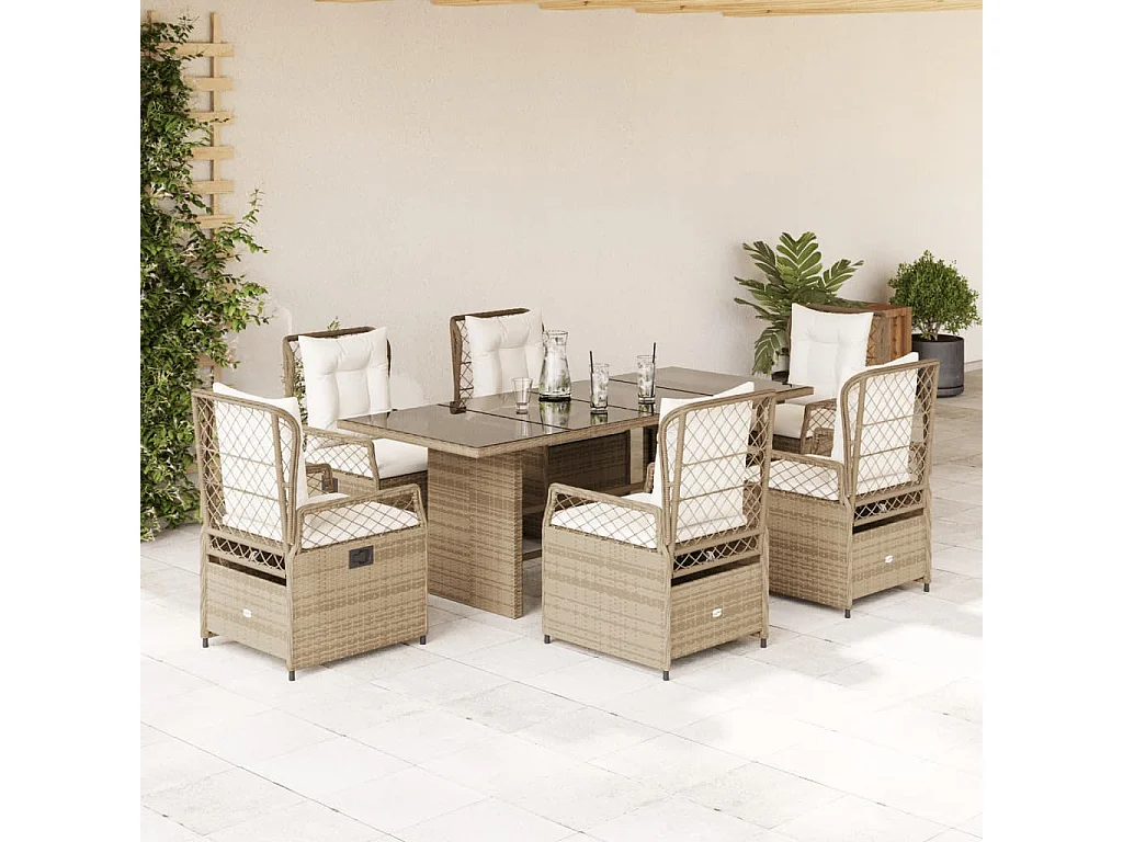 Ensemble à manger de jardin et coussins 7 pièces beige poly rotin