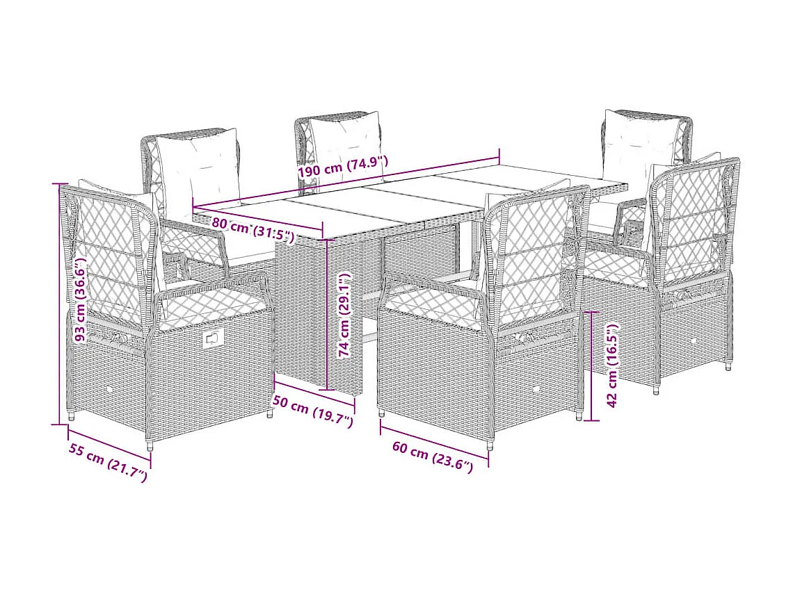Ensemble à manger de jardin et coussins 7 pièces beige poly rotin