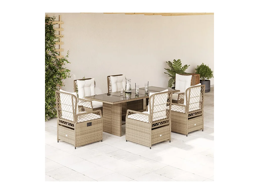 Set comedor de jardín 7 piezas con cojines ratán sintético beige