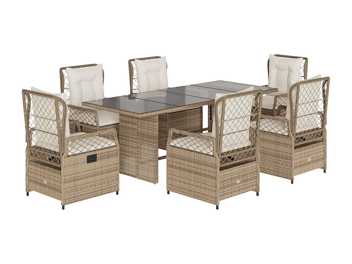 Ensemble à manger de jardin et coussins 7 pièces beige poly rotin