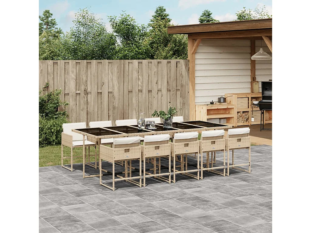 Ensemble à manger de jardin et coussins 11 pièces beige poly rotin