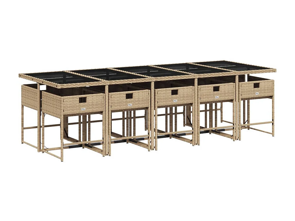 Ensemble à manger de jardin et coussins 11 pièces beige poly rotin