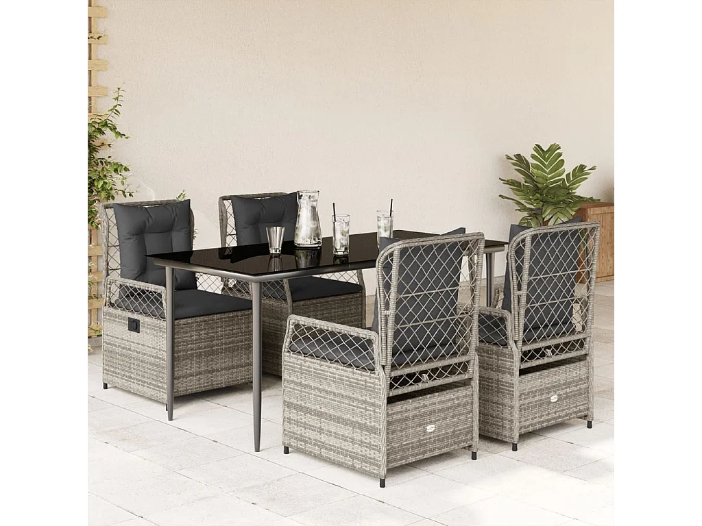 5 peças conjunto de jantar para jardim com almofadões vime PE cinza