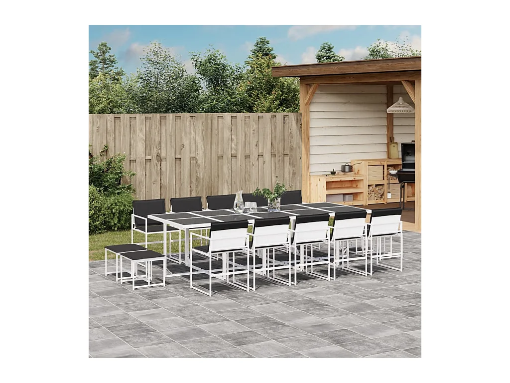 Ensemble à manger de jardin avec coussins 15 pièces blanc textilène