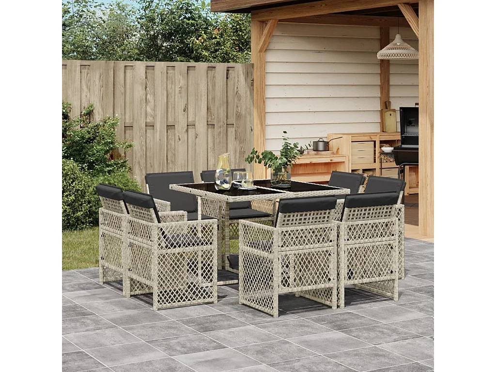 Ensemble à manger de jardin et coussins 9 pièces gris clair rotin