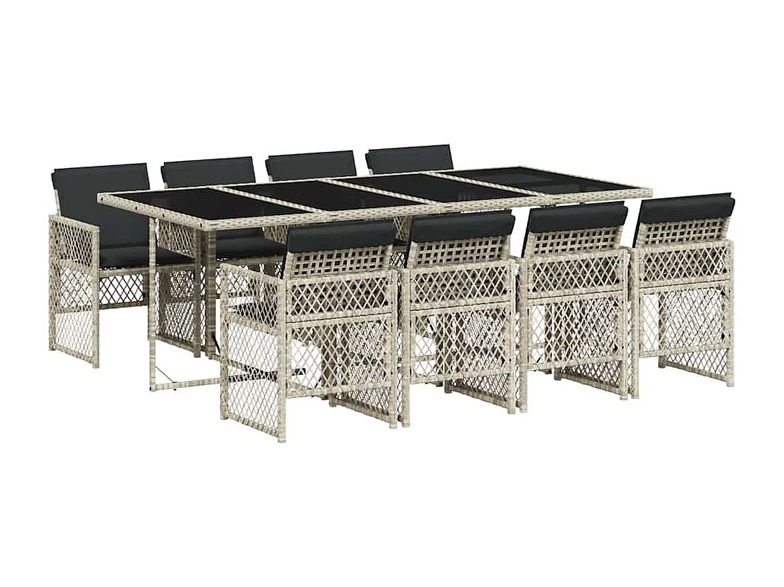 Ensemble à manger de jardin et coussins 9 pièces gris clair rotin