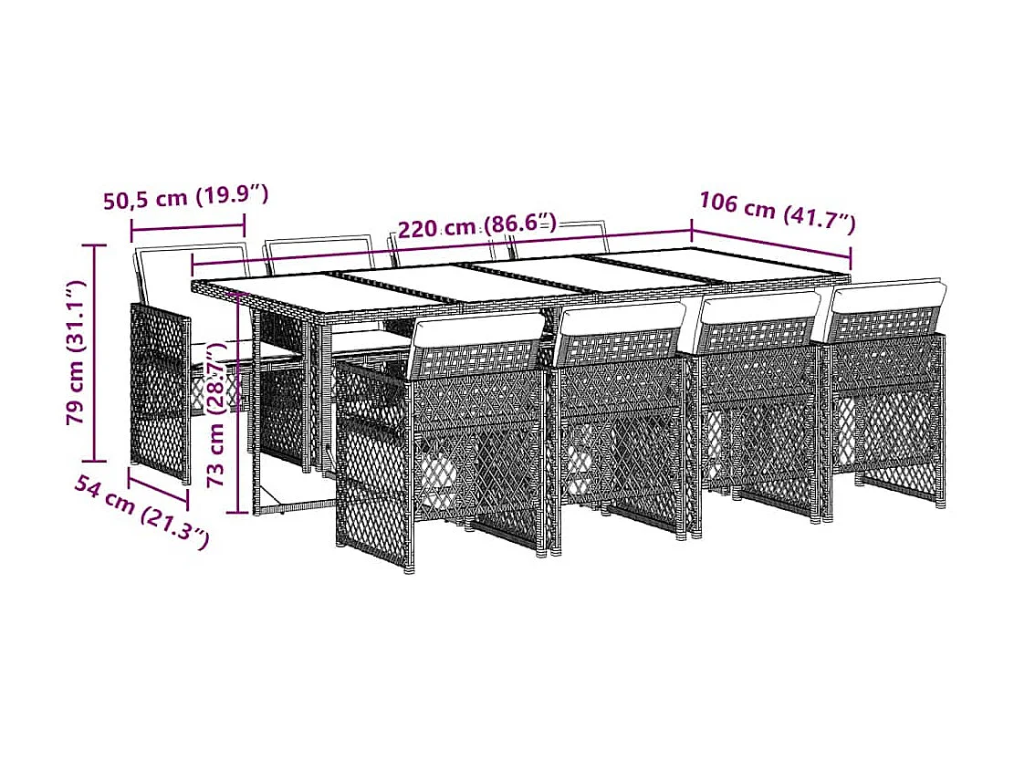 Ensemble à manger de jardin et coussins 9 pièces gris clair rotin