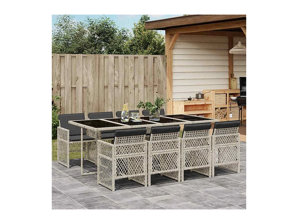 9 peças conjunto de jantar para jardim com almofadões cinzento claro