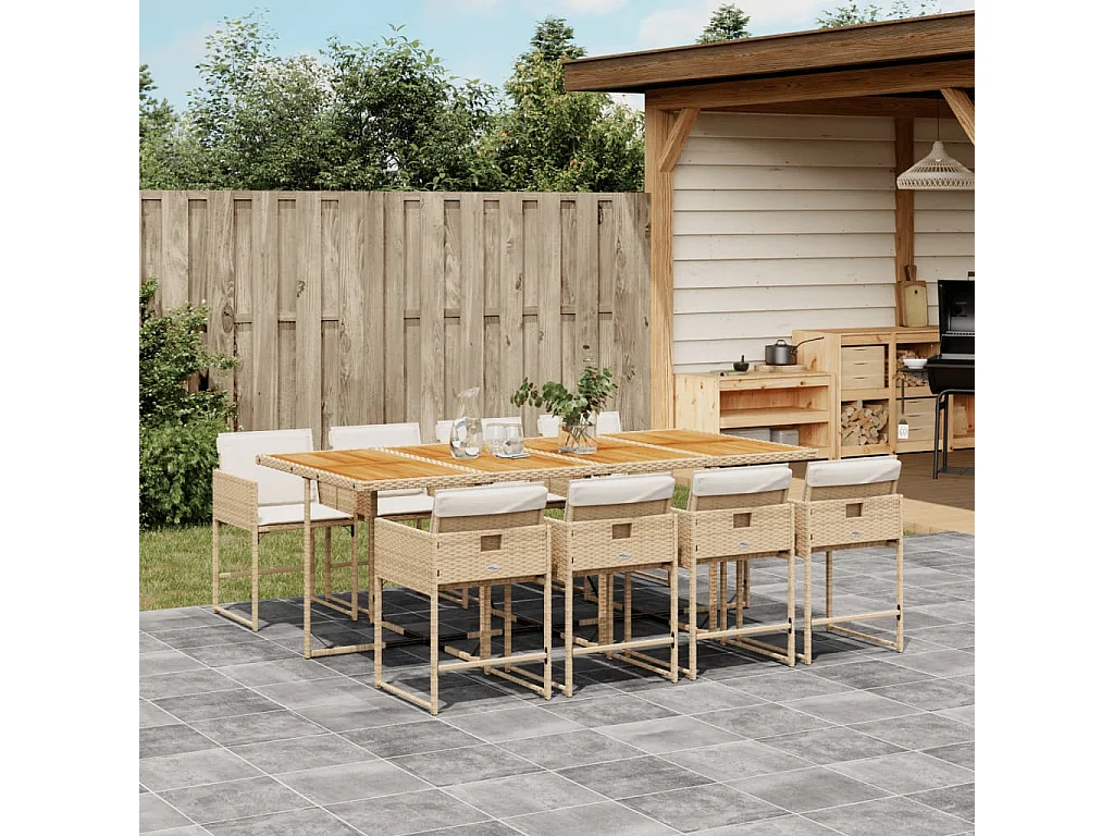 Ensemble à manger de jardin et coussins 9 pièces beige Poly rotin