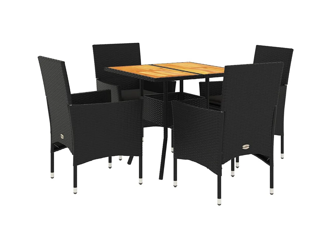 Ensemble à manger de jardin et coussins 5 pièces noir rotin acacia