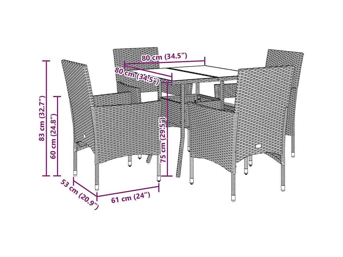 Ensemble à manger de jardin et coussins 5 pièces noir rotin acacia
