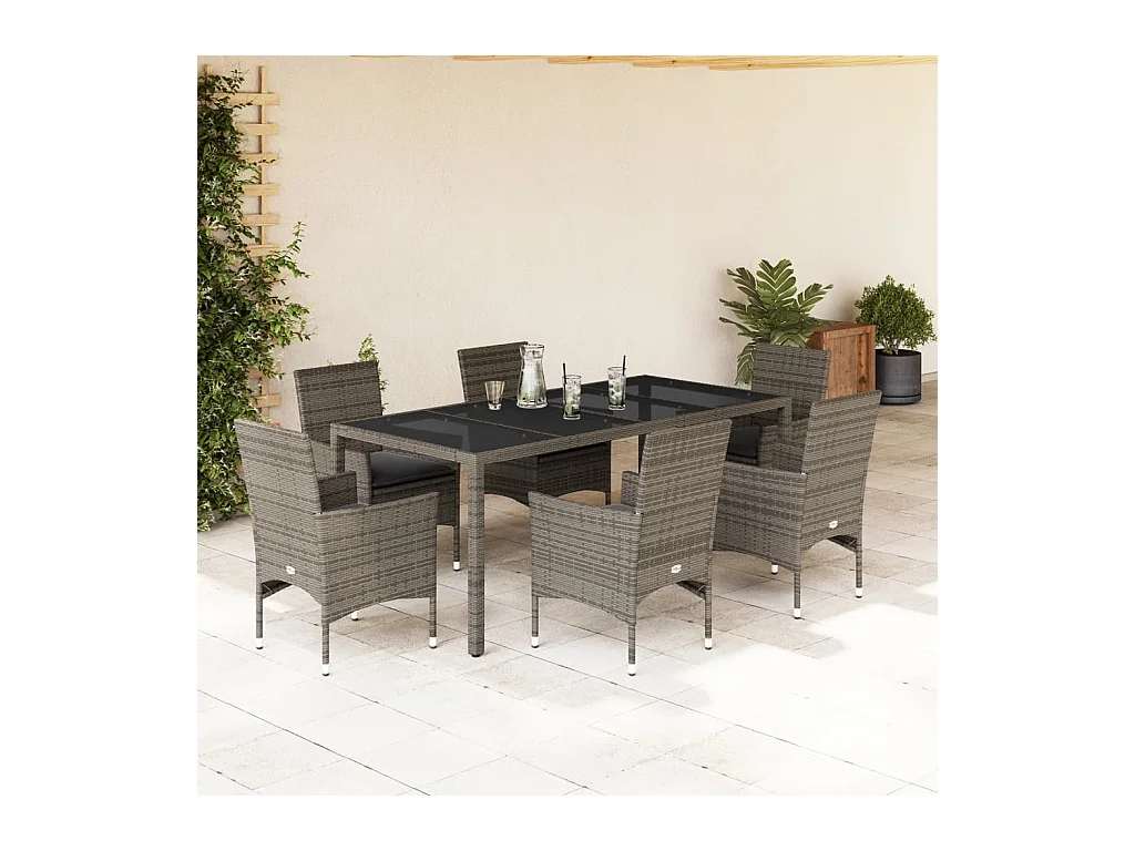Ensemble à manger de jardin et coussins 7 pièces gris rotin verre