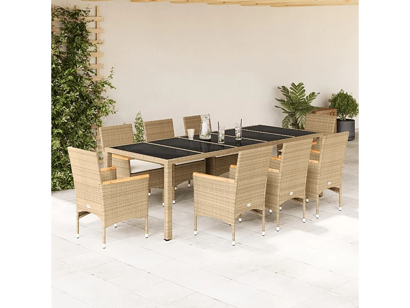 Set comedor jardín 9 piezas cojines ratán sintético vidrio beige