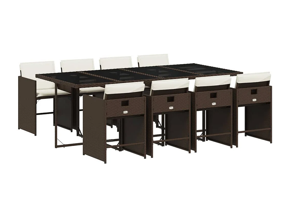 Ensemble à manger de jardin et coussins 9 pièces marron poly rotin