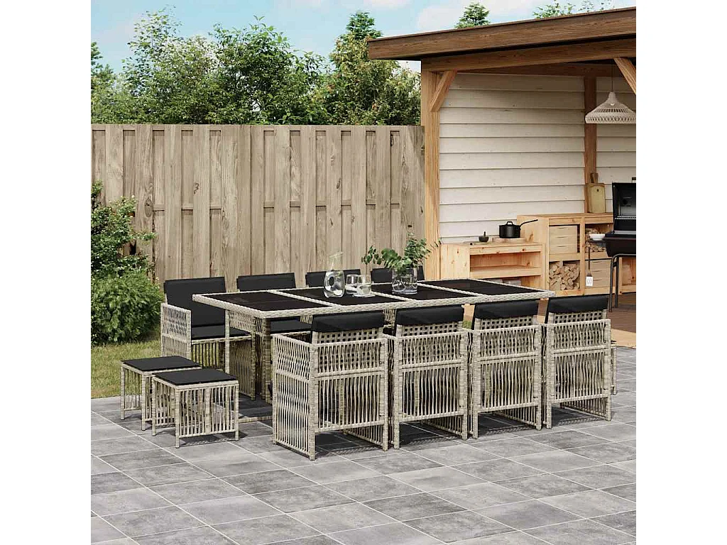 Set comedor jardín y cojines 13 piezas ratán sintético gris claro