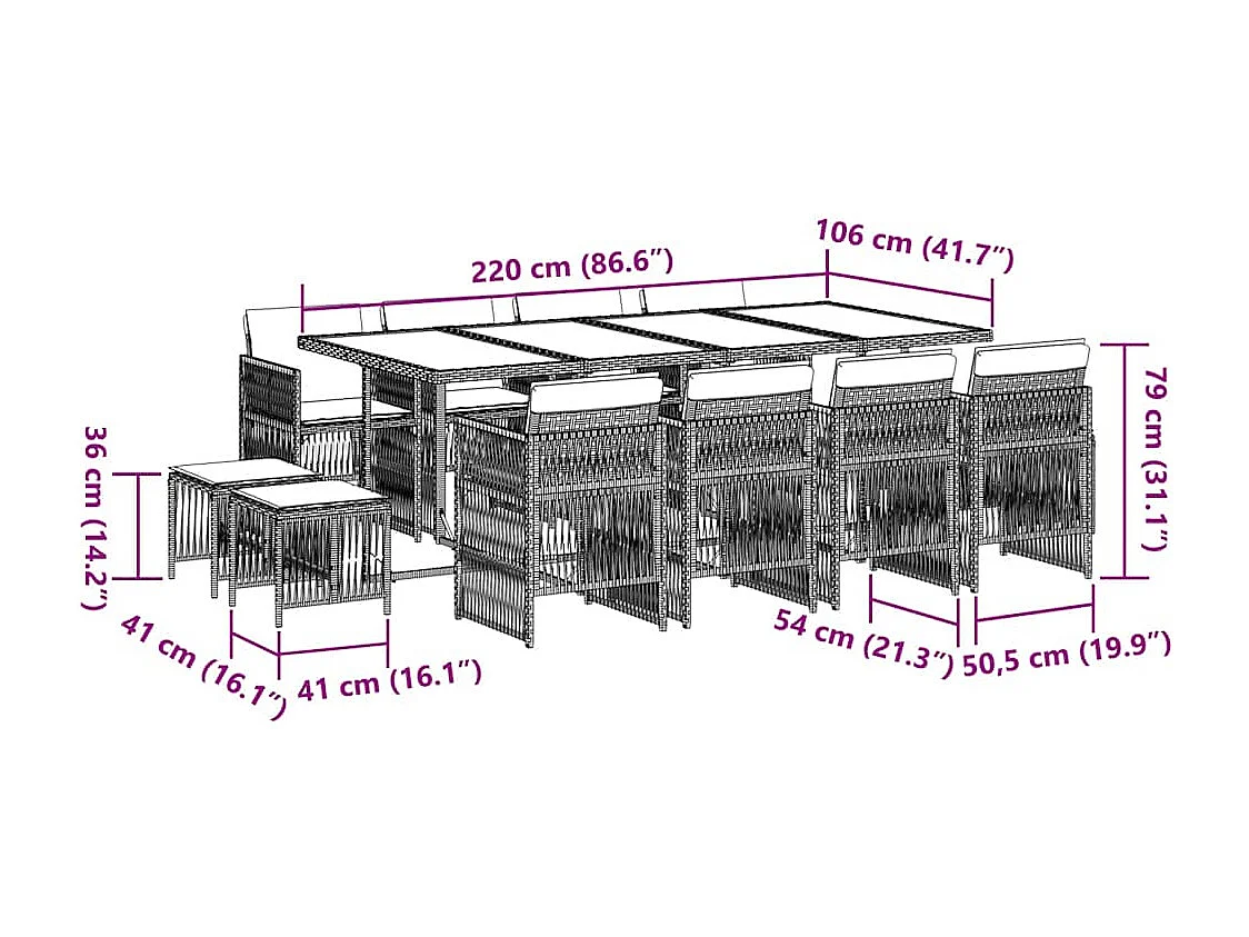 Set comedor jardín y cojines 13 piezas ratán sintético gris claro