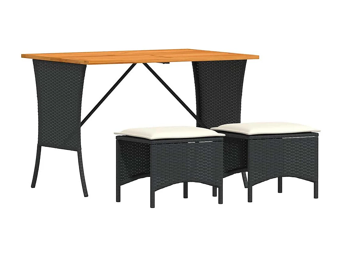 3 peças conjunto de jantar para jardim com almofadões vime PE preto