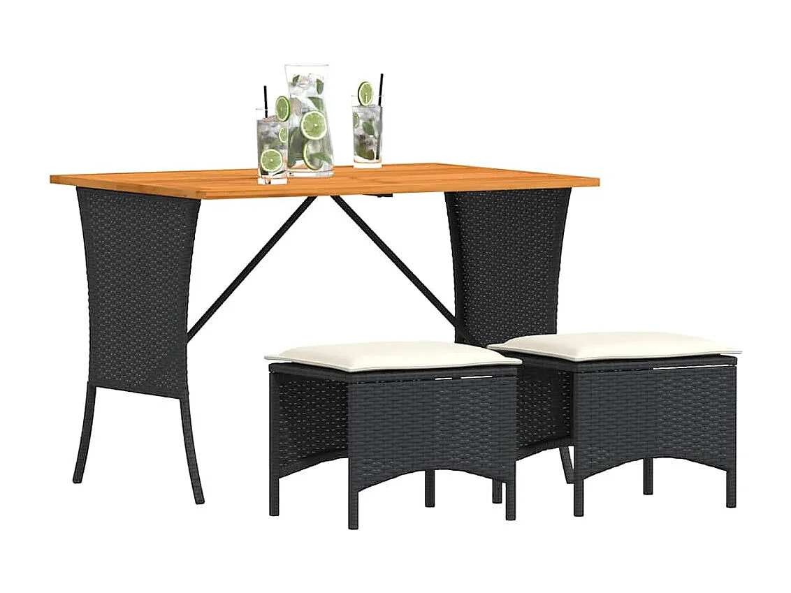 Set comedor de jardín 3 piezas con cojines ratán sintético negro