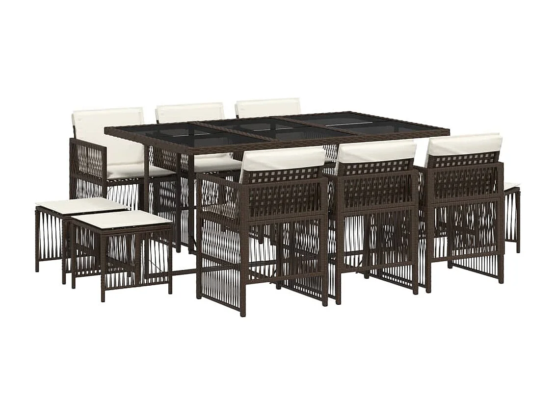 Set comedor de jardín 11 piezas y cojines ratán sintético marrón
