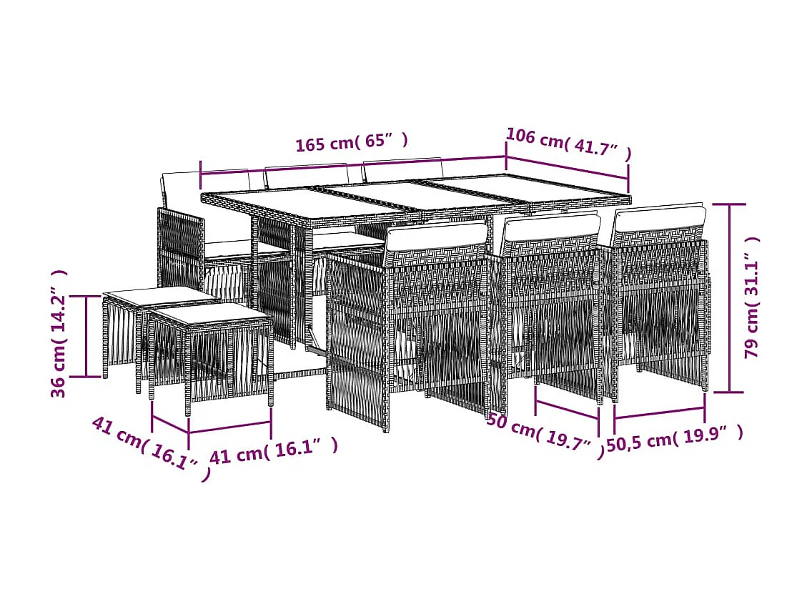 Set comedor de jardín 11 piezas y cojines ratán sintético marrón