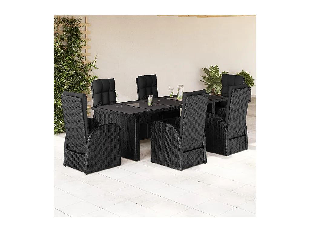Set de comedor de jardín 7 piezas y cojines ratán sintético negro