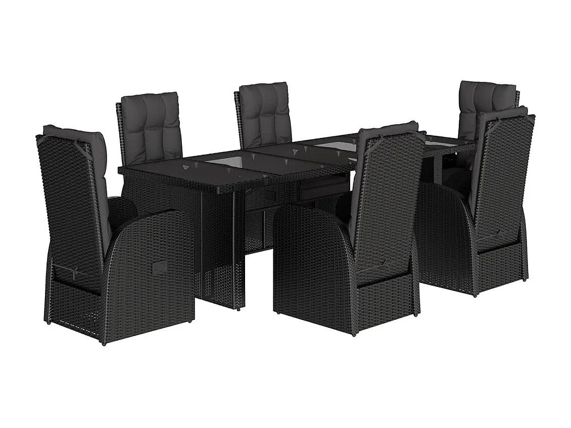 Set de comedor de jardín 7 piezas y cojines ratán sintético negro