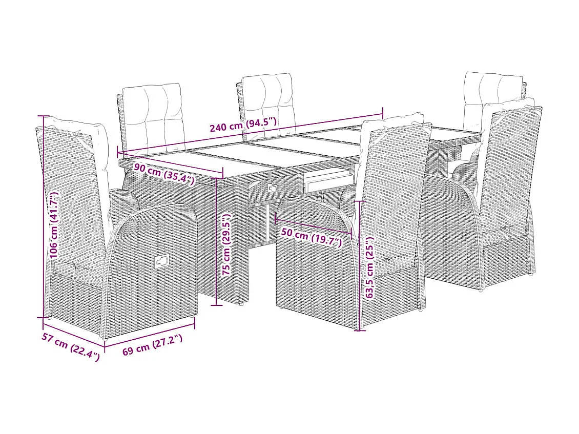 Set de comedor de jardín 7 piezas y cojines ratán sintético negro