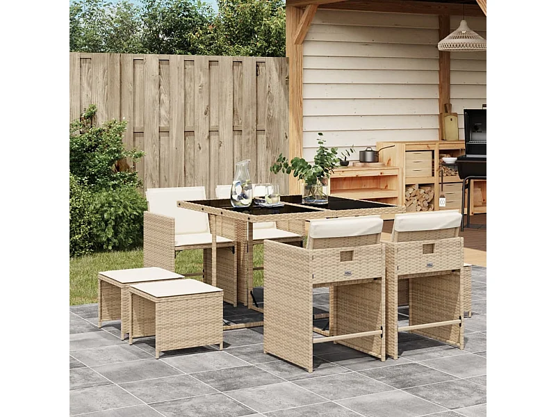 9-delige Tuinset met kussens poly rattan beige