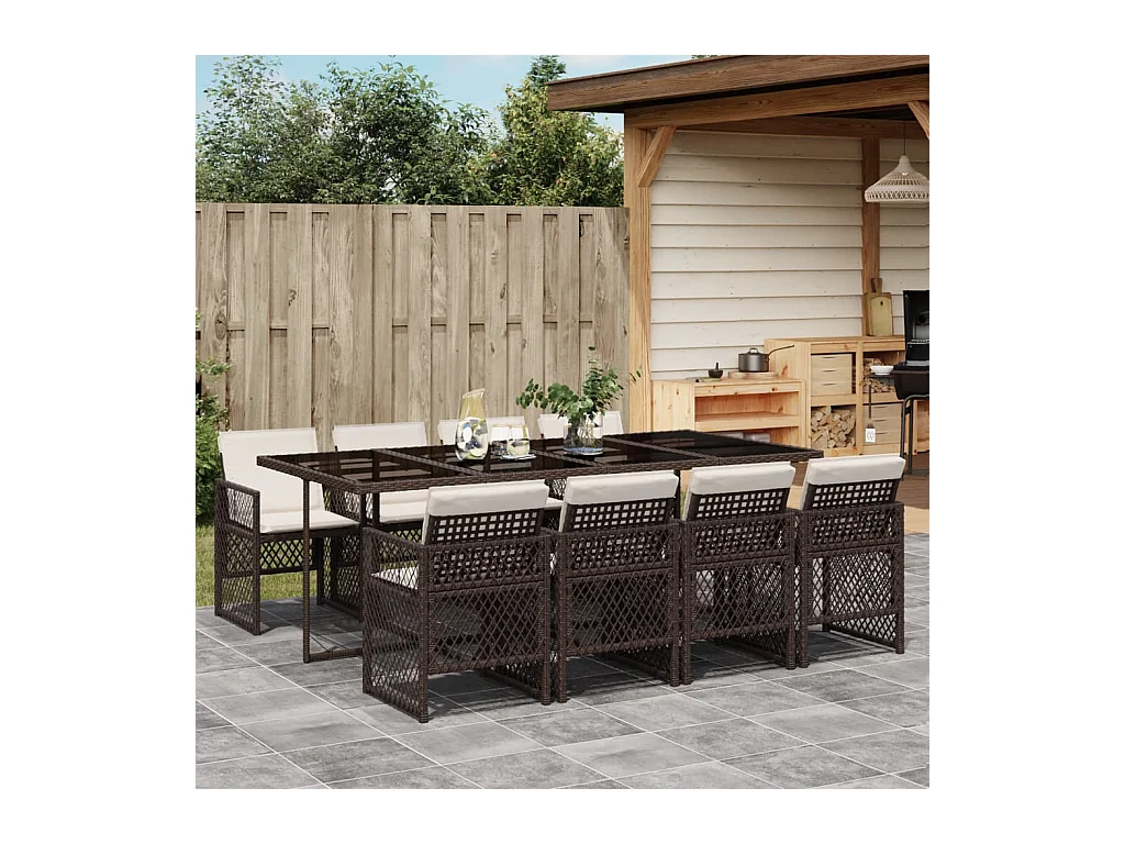 Ensemble à manger de jardin et coussins 9 pièces marron poly rotin