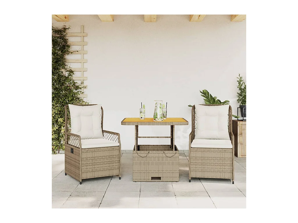 Ensemble à manger de jardin et coussins 3 pièces Beige poly rotin