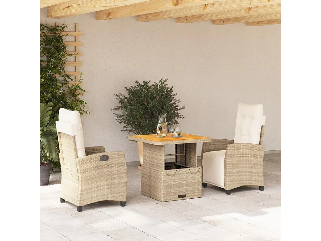 3 peças conjunto de jantar para jardim com almofadões vime PE bege