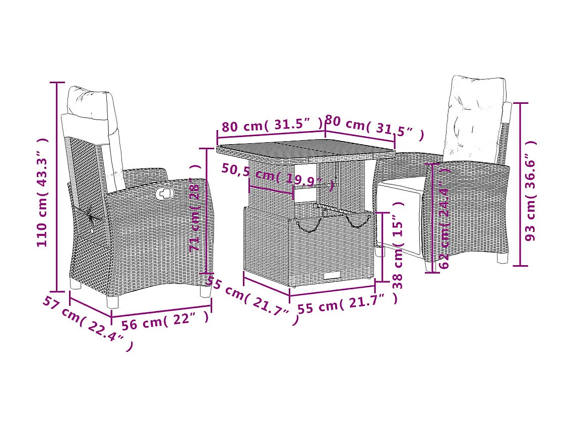 Ensemble à manger de jardin et coussins 3 pièces Beige poly rotin