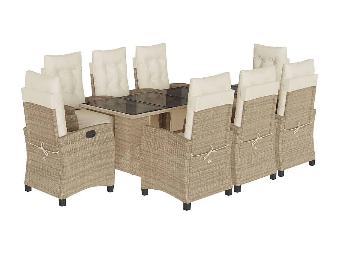 Ensemble à manger de jardin et coussins 9 pièces beige Poly rotin