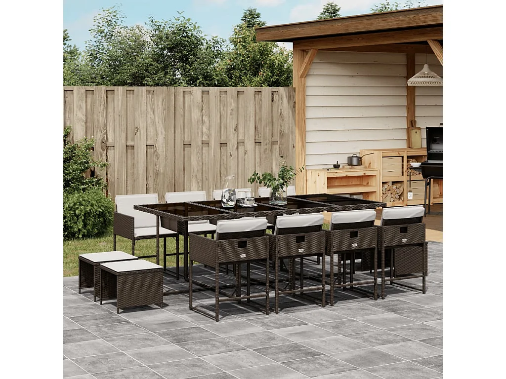 Ensemble à manger de jardin avec coussins 13 pièces marron rotin