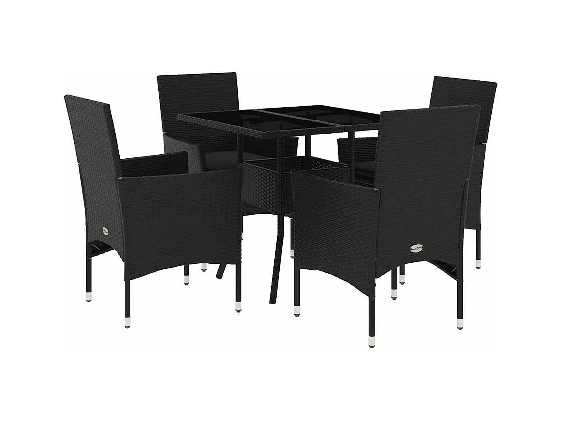 Ensemble à manger de jardin et coussins 5 pièces noir rotin verre