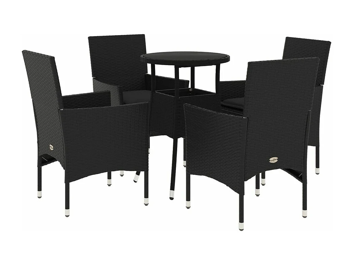 Ensemble à manger de jardin et coussins 5 pièces noir rotin verre