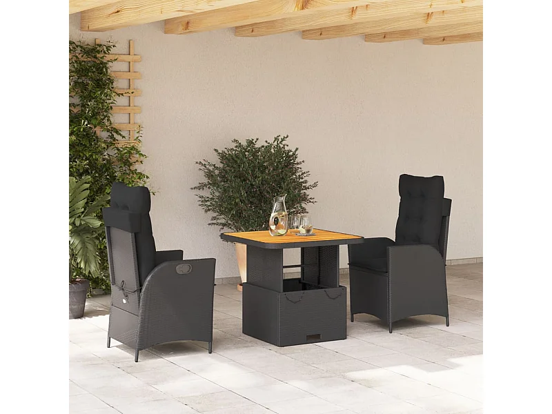 Set comedor de jardín 3 piezas con cojines ratán sintético negro