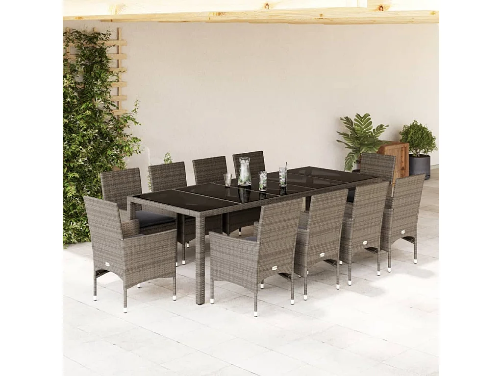 Set comedor jardín 11 piezas cojines ratán sintético vidrio gris