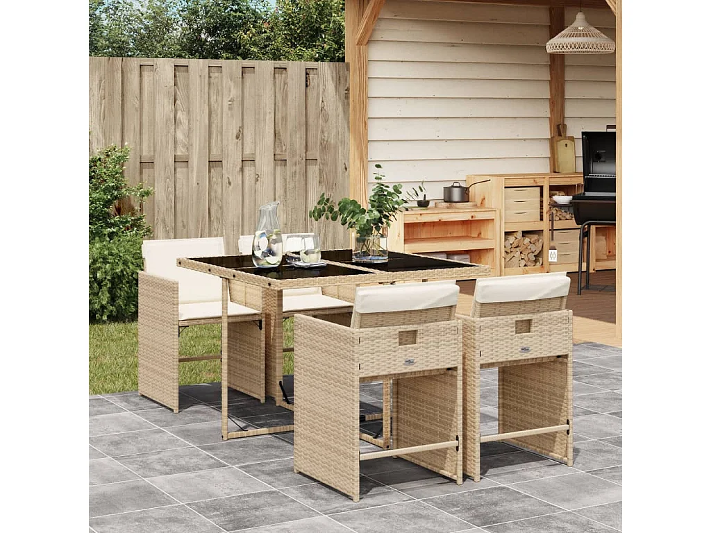 5 peças conjunto de jantar para jardim com almofadões vime PE bege