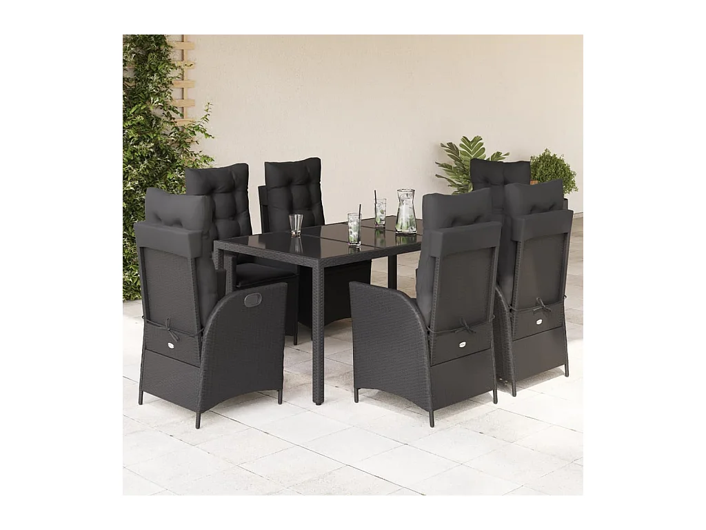 Ensemble à manger de jardin coussins 7 pièces Noir Résine tressée